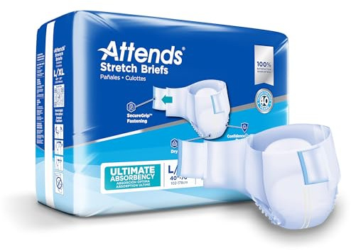 Attends Stretch Adult Incontinence Disposable Briefs, Large/X-Large, 40-70 Waist with SecureGrip Tab Closure, Ultimate Absorbency with Dry-Lock Containment Core and Breathable Side Panels, 96ct Case