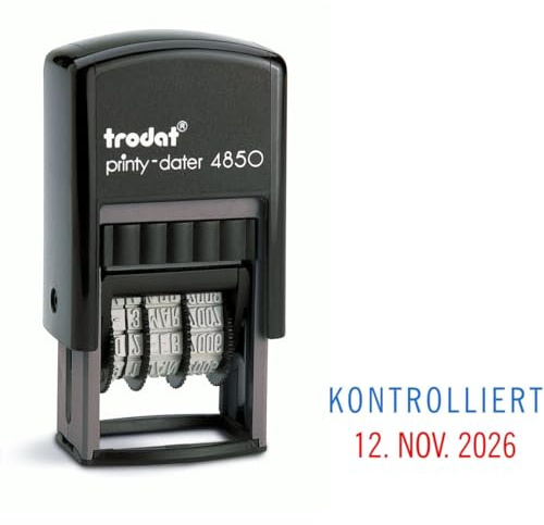 Trodat Printy Dater 4850 Datumstempel mit 2farbigem Kissen blau/rot + Wunschtext, Stempeltext:K O N T R O L L I E R T