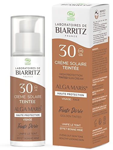 Laboratoires de Biarritz Crème Solaire Teintée SPF30 Dorée 50 ml | Visage, Protection Anti-UVA/UVB et Lumière Bleue, Certifiée Bio, Fabriquée en France