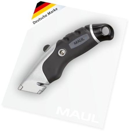 MAUL Cutter di sicurezza MAULexpert nero antiscivolo con 5 lame | presa salda gommata, rientro automatico lama, corpo in alluminio robusto, cambio rapido, tagli precisi
