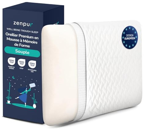 ZenPur Oreiller 13cm – Coussin Mémoire de Forme Moelleux – Dormeurs sur Le Ventre & Enfants – 40x60, Certifié Oeko-TEX