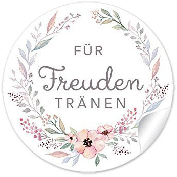 72 Sticker Für Freudentränen PASTELLFARBEN mit Blütenkranz, Für Taschentücher, Taschentuchverpackung, Gastgeschenke, Hochzeitsmarmelade, Tischdeko, Aufkleber 4 cm, rund, matt
