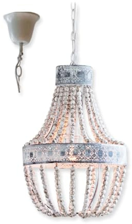 LOBERON Hängelampe Valcourt, von Hand aufgefädelte Holzperlen, orientalisch inspirierte Hängeleuchte, Wohn-Accessoire, Eisen, Hanf, Tannenholz, antikweiß