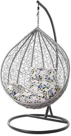 KIDEO Komplettset: großer Hängesessel mit Gestell & Kissen, Korbsessel, Poly-Rattan (Korb: hellgrau & Gestell: grau, Kissen: Blumenmuster Nest (1078_icerose))