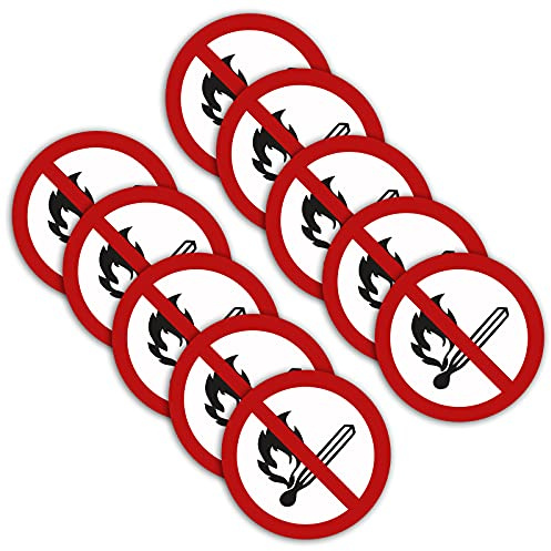 STROBO 10 Stück XXL Aufkleber Offenes Feuer verboten mit Ø 21 cm | Sticker mit geschlitzter Rückseite für den Innen- und Außenbereich | UV-Schutz, Wind- und Wetterfest