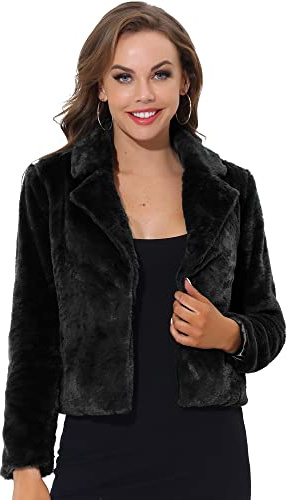Allegra K Women's Cropped Fur Jacket Lapel Fluffy Cardigan Shrug 2026 Winter Short Faux Fur Coat Outfits Medium Black
