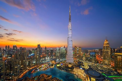 Acryl-Bild 90 x 60 cm: Luftaufnahme des Burj Khalifa in Dubai Downtown Skyline und Brunnen, Vereinigte Arabische Emirate oder VAE. Finanzviertel und Ge (139591161)