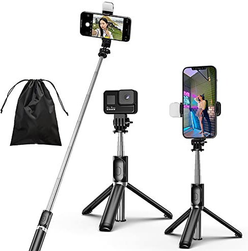 KOMI Selfie Stick - Treppiede 4 in 1 Selfie Stick con luce di riempimento treppiede per telefono estensibile portatile con telecomando wireless staccabile compatibile con iPhone fotocamera(nero+luce)