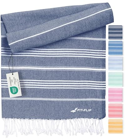 Fit-Flip Hamam handduk – fouta strandhandduk XXL av 100% bomull – snabbtorkande strandlakan, fouta, turkisk peshtemal handduk perfekt som hamam bastuhandduk och sarong - Mörkblå - 200x200cm Sultan