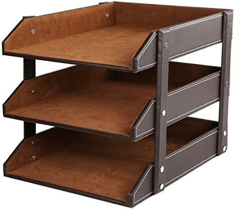 Stapelbare Briefablagen aus Leder für Büro-Schreibtischzubehör, 3-stöckiger Aktensortierer, Arbeitsplatz, Schreibtisch-Aufbewahrungshalter für Dokumente/Papier/Briefpapier/Zeitschriften/Zeitungen/Po