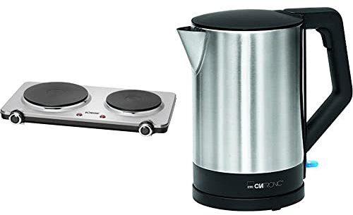 Bomann Doppel-Kochplatte DKP 5033 E, ideal für Camping, Küche oder Büro, edelstahl & Clatronic WKS 3692 Wasserkocher verdecktes heizelement, automatische Abschaltung, 1,5 L, 2200 W, Schwarz/Edelstahl