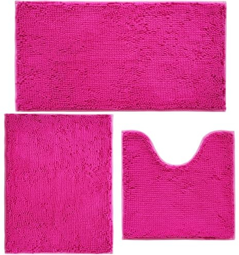 AINAHYVA Badezimmerteppiche Chenille Badematte 3-teiliges Set, Super Absorbent, Starke PVC rutschfeste Unterseite, Badteppich, Plüsch Shaggy, Dick, Maschinenwaschbar, für Badewanne, WC, Hot Pink