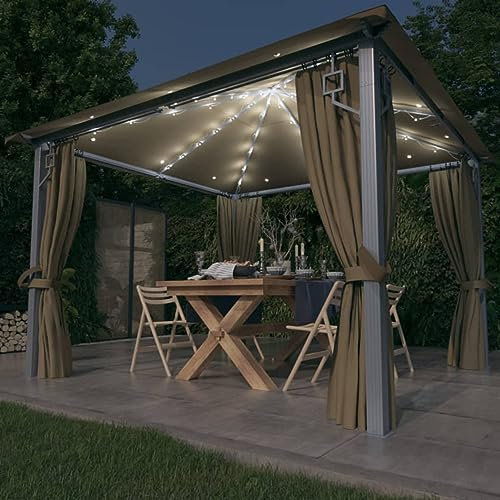 Pavillon mit Vorhängen & LED-Lichterkette, LAPOOH Grillpavillon Winterfest, überdachung Terrasse, Terrassenpavillon, 300x300 cm Taupe Alu