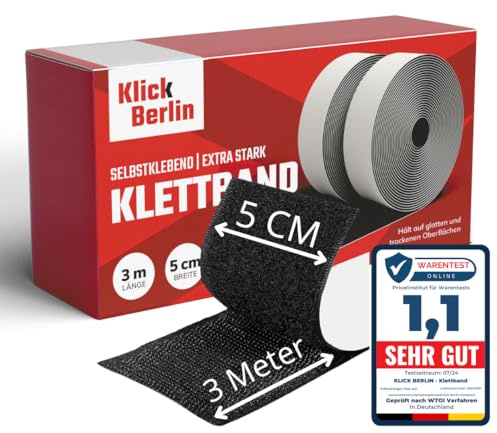 Klick Berlin Klettband Selbstklebend Extra Stark 5 cm x 3 m | Klett Klebeband klebt auf vielen Flächen | Klettverschluss | 50mm breit, 3 Meter lang | Schwarz