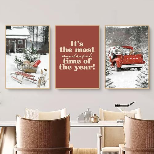 Uixxducc 3er Weihnachten Poster Set Moderne Winter Schneelandschaft Wandbilder Bilder, Boho Bilder Set für Wohnzimmer Schlafzimmer Büro Wanddeko Kunst, Ohne Rahmen (A,30x40cm)