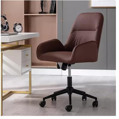 WIGSELBL Computerstuhl Leder Schreibtischstühle Verstellbarer Make-up-Schminkstuhl mit Armlehnen, mittlere Rückenlehne rollende Chefsessel um 360° drehbarer Akzentstuhl für Zuhause (Farbe: Braun)