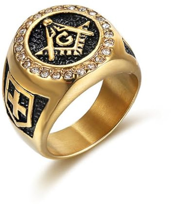 Bague Symbole Maçonnique Scintillante, Bague Franc-Maçon En Strass Pour Hommes, Bague Maître Maçon En Or Bijoux Franc-Maçon ÉTincelante, Bague Maçonnique Croix Bouclier Bague Boussole Maçonnique