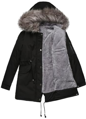 CUTTE Dicke Damen Jagdjacke Winter-Fleece-Mäntel Kapuzenmantel für Kaltes Wetter Mittellange Pufferjacke Mäntel,Black,4XL