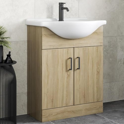 Affine® 650mm Vanity Unit Basin Sink Bathroom Storage Cabinet Cupboard Freestanding, Single Tap Hole Ceramic Wash Basins, Soft Close Door, Oak Wood Effect