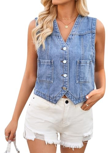 MINTLIMIT Womens Sleeveless Denim Vest V Neck Button Down Waistcoat Jacket Casual Cropped Jean Tops