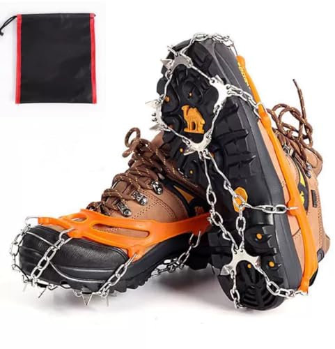 Crampon Antidérapant pour Chaussures,10 Dents Crampons avec Acier au manganèse,Crampons randonnées avec étui (Orange)