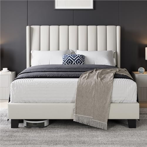 Yaheetech Lit Double Rembourré 140x200 cm avec Sommier à Lattes, Cadre de Lits Moderne pour Adultes 2 Personnes, Tête de Lit à Rayures en Bois et Métal, Beige