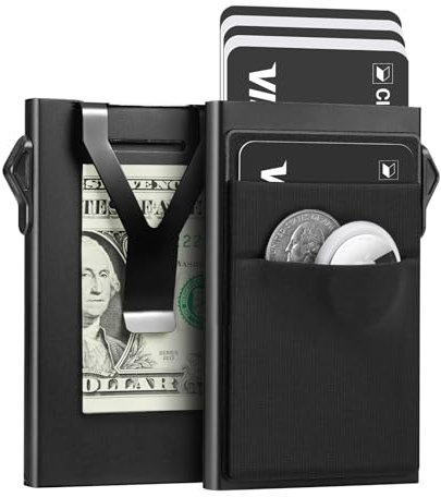 YESIIW Mens Wallets, Slim Card Holder with Money Clip, Pop Up Credit Card Holders Wallet for Men RFID Blocking, Minimalist Metal Mens Card Wallet with 2 Coin Pocket Case, Black