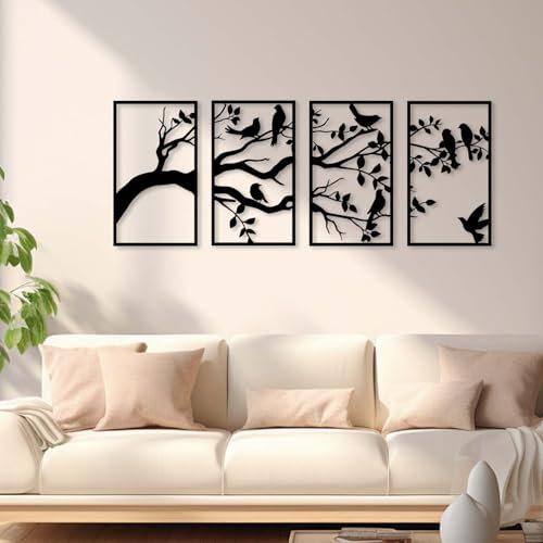 Wanddeko, 4PCS Wanddeko Vögel und Baum Metall Zuhause Büro Wohnzimmer Schlafzimmer Badezimmer Abstrakte Wandkunst Vögel Hängende Wandskulptur 3D-Struktur Metallbilder Wand Deko Minimalist Line Art