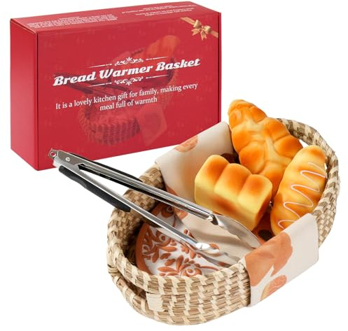 Bread Warming Basket With Stones - Includes Towel and Clips. Ideal Baker's and Housewarming Gift for Birthdays and Farmhouse Kitchen Hostess. (Floral Pattern)