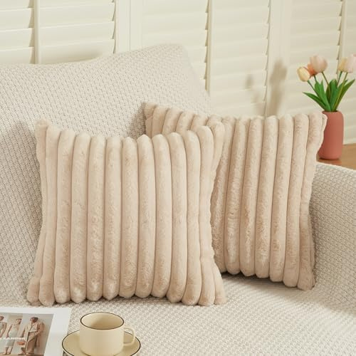 ORANIFUL Beige 45x45 Fell Kissenbezüge Set 2-teilig Kuschelkissen Flauschig Kissenhülle Streifen Design Kissen Hülle für Sofa Couch Bett Weicher Fake Fur Bezug Moderne Dekokissen