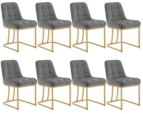 WOLTU Set med 8 moderna köksstolar, matsalsstolar med ryggstöd, utan armstöd, vadderade fåtöljer sminkstolar med gyllene metallben, sammet EZS32dgr-8 mörkgrå
