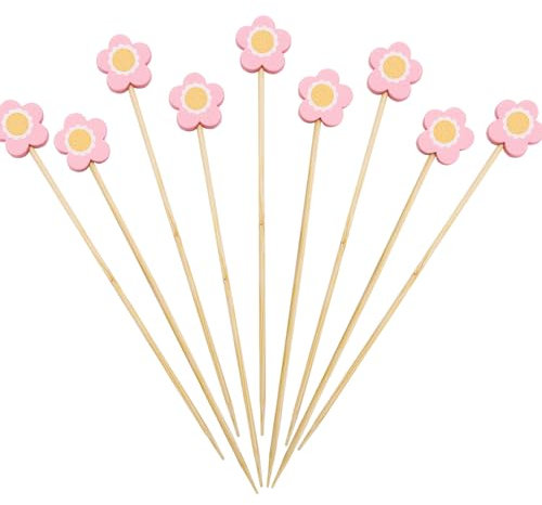 ENLACE Pinchos de cóctel con flores, 100 unidades para niños, brochetas de madera con flores rosas, palillos de madera de 13 cm, pinchos para queso, brochetas de frutas, brochetas para fiestas,