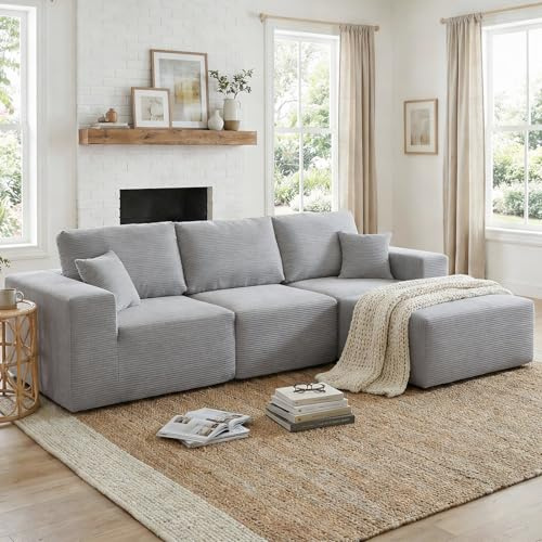 CHOSHOME 275cm Ecksofa mit Schlaffunktion - Big Modulares L-Form Cloud Couch, Cord Boneless Sofa Bed mit Ottomane, 4-Sitzer-Sektionssofas für Wohnzimmer, Keine Montage erforderlich, Grau