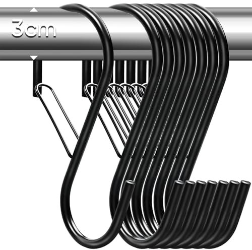 Gicare S Hooks for Hanging with Safety Buckle, 10 Cm Black Heavy Duty Large S Shaped Hook, Metal Kitchen Hooks for Utensils, Plants, Bathroom,Clothes, Jeans, Pots, Bags-8 Pack