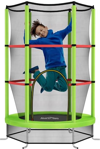 HOMCOM Tappeto Elastico per Bambini 3-6 Anni con Rete di Protezione, 6 Colonne e Ingressi, Trampolino Elastico in PE, Plastica e Metallo, Ø140x190 cm, Verde e Nero