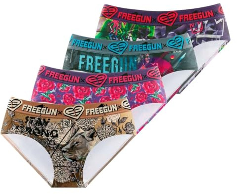 FREEGUN Culotte Femme Sport, Lot de 4 | Femme, Coupe Ajustée, Imprimés originaux, Sport, Ultra-doux, Respirant, Tissu extensible, Doublure 100% Coton, Ceinture Large