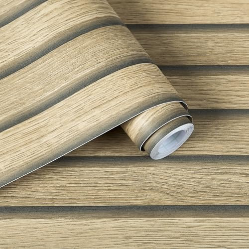 Alened Wood Effect Brown Vinyl Wrap Self Adhesive Peel and Stick Panel Wallpaper 30x200cm Wood Slats Sticky Back Plastic Waterproof Removable for Walls, Kitchen Furniture