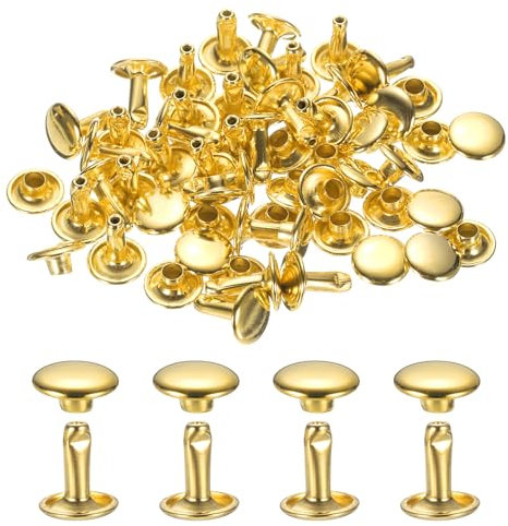 sourcing map 120Set Leather Rivets, 7mm Double Cap Rivet Tubular Metal Studs Repairs Decoration Craft Accessories for Repair Decorate Leather Craft Belt Bag Shoes Purse Belts, Gold