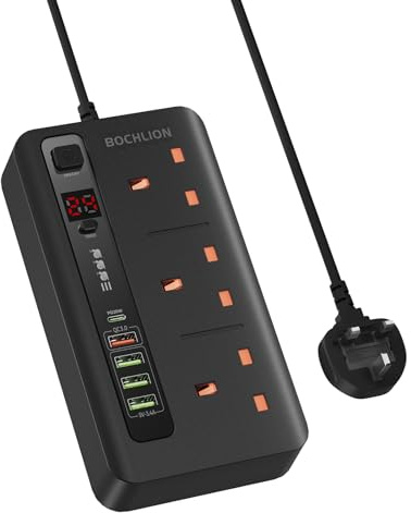 BOCHLION Extension Lead with USB Slots, 3 Way Outlets Power Strip with 4 USB Ports (PD20W/QC3.0), Plug Extension Socket with 1-24 Hour Timer and 2M Extension Cord for Home, Office-Black