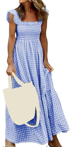 Retro rutiga smockade klänningar för kvinnor 2025 sommar ledig ärmlös rem fyrkantig hals boho semester blommig volang fåll maxiklänning, BLÅ, 3XL