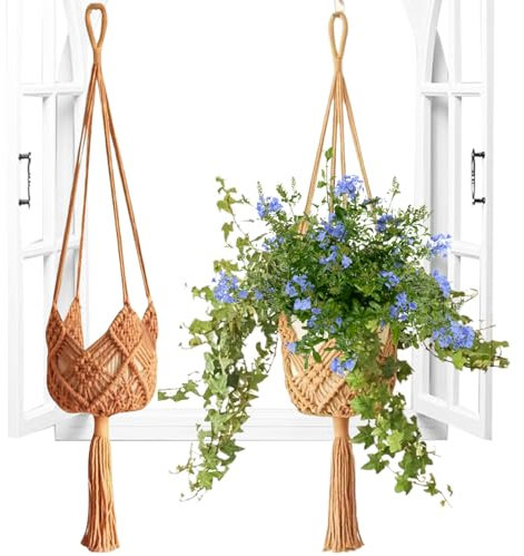 Cestas colgantes para macetas | 2 ganchos de para plantas | Soporte para plantas colgante | Cesta de ganchillo bohemio para macetas de techo, decoración del hogar, soportes colgantes para