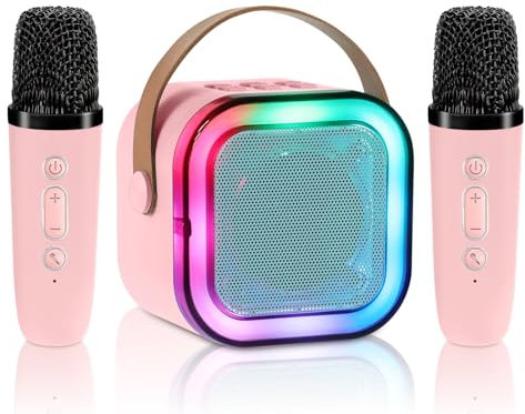 Aischens Micro Karaoke Enfant avec 2 Microphones sans Fil, Machine de Karaoké pour Enfant et Adulte, Karaoké Bluetooth Portable avec Changement de Voix Magique et Lumière LED, Cadeau Enfant (Rose)