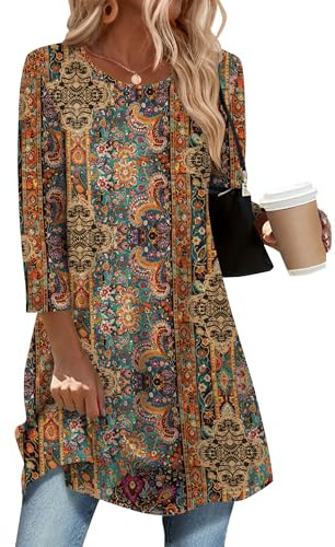 Zeagoo Boho Tops For Women's Round Neck 3/4 Sleeve Loose Fit Casual Blouse For Spring Summer Fashion Tunic Tops
