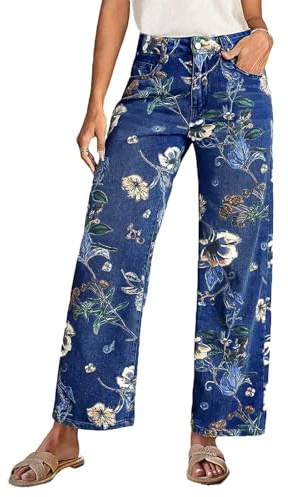 Jeans da donna vintage con ricamo floreale a gamba dritta, pantaloni estivi leggeri in denim con comfort elasticizzato, pantaloni casual a vita alta a gamba larga per abiti boho chic, Bu2, L