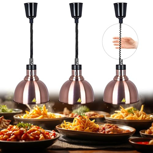 BOVDC Lampada Riscaldante Cucina (Rame-25cm,3 Pezzi) | 250W Lampada Riscaldante per Alimenti Regolabile, Lampada Scaldavivande Ristorante Sospeso 19 cm/25 cm per Hotel a Buffet