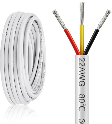 22AWG 3 Core Electrical Cable 10m, 0.3mm² Flexible Stranded Tinned Copper Wire for 12V 24V LED Strip Lighting, Automotive and DIY Projects, White