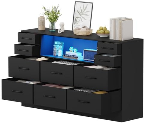 Chest of Drawers 10 Fabric Drawers Cabinet with Wood Top Dresser with 16 Color LED Lights Large Storage Cabinet Sturdy Storage Organizer with Handle for Bedroom Living Room Kids Room (Black)