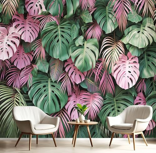 Papier Peint Panoramique 400×280cm, Revêtement Plantes Tropicales, 3D Motif Monstera Feuilles Mural Poster Geant Murale Décoration pour Chambre Salon Couloir Bureau Cuisine Chambre Rose