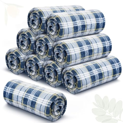 SmoothNovelty 10 Pieces Throw Blankets Bulk 50 x 60 Inch Buffalo Plaid Throw Blankets Soft Flannel Fleece Blanket Bulk Gifts for Winter Valentines Wedding for Bed Office(Navy Blue, White)