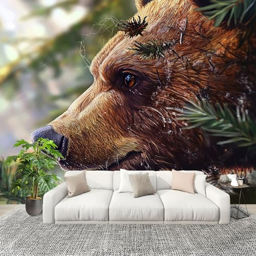 Sala de Estar Mural 250x175cm Oso Pardo, Animal Del Bosque Tejido No Tejido Fotomurales Verde Mural Se aplica a Pared Panorámico Para Dormitorio TV Pared Murales Póster